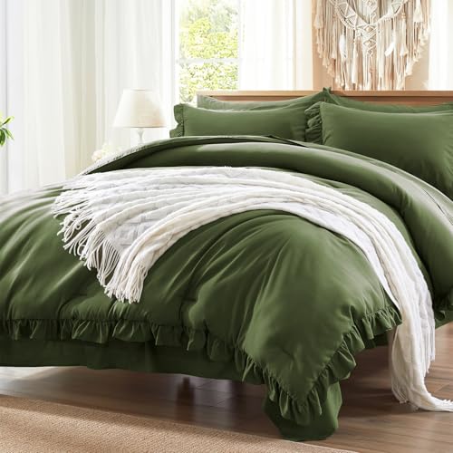 Anluoer Queen Comforter Set 7 Piece, Ruffle Bed in a Bag Queen Bedding Sets - Olive Green Ruffle Vintage, Shabby Chic, OEKO-TEX Certified, Down Alternative Comforter, Breathable sheets & pillowcases