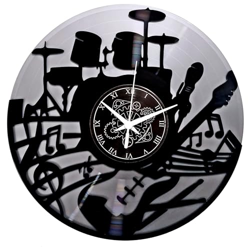 Instant Karma Clocks Vinyl Wall Clock Guitar Music Keyboard Drummer Battery, Rock Band Colour Silver and Black