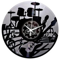Instant Karma Clocks Vinyl Wall Clock Guitar Music Keyboard Drummer Battery, Rock Band Colour Silver and Black