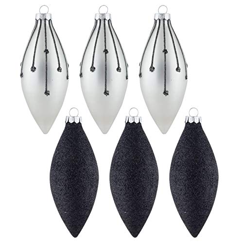 Mr Crimbo 6 Pack Christmas Tree Baubles Long Glass Decorations 13cm Black/Silver