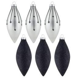 Mr Crimbo 6 Pack Christmas Tree Baubles Long Glass Decorations 13cm Black/Silver