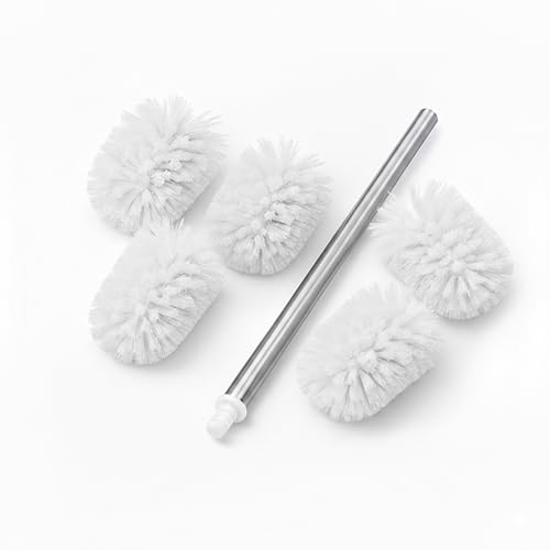 Relaxdays toilet brush, 5-piece set, stainless steel handle, replaceable heads, plastic, HxD: 35.5 x 8 cm, white