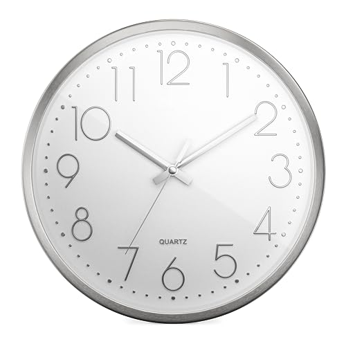 Mebus Quartz Wall Clock, Quiet Movement without Tick-Tack Noise, Precise Quartz Movement, Aluminium Frame, Arabic Numerals in 3D, Aluminium Hands, Case: Silver, Dial: White, 30 cm
