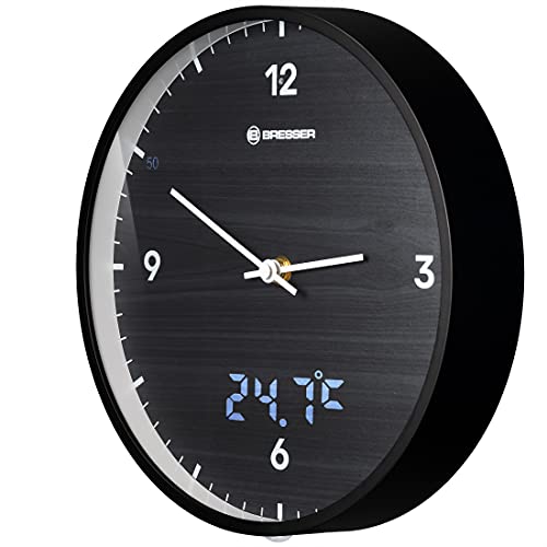 Bresser MyTime Wall Clock with Radio No Ticking Noise with 24 cm Dial, LED Second Display, Indoor Temperature and Silent Radio Controlled Clockwork, Black