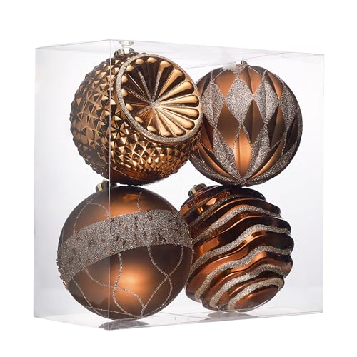 Valery Madelyn Large Ornaments for Christmas Trees, 4ct 5.9 Inches Bronze Copper Gold Shatterproof Christmas Tree Decorations, Luxury Brown Hanging Ball Bulk for Xmas Holiday Party Decor