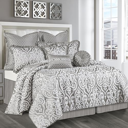 Loom and Mill 9-Piece Contemporary Jacquard Comforter, Luxury Damask Bedding Sets-Norwich, Synthetic Fiber, Silver Gray, Queen