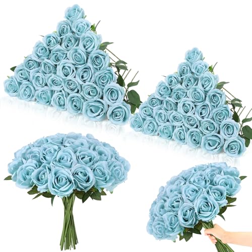 Ovveroche 80 Pcs Artificial Roses Long Stem Silk Flowers Haze Blue - Fake Rose Petals Realistic Look Bridal Bouquet Centerpieces Home Party Table Decor Romantic Gift