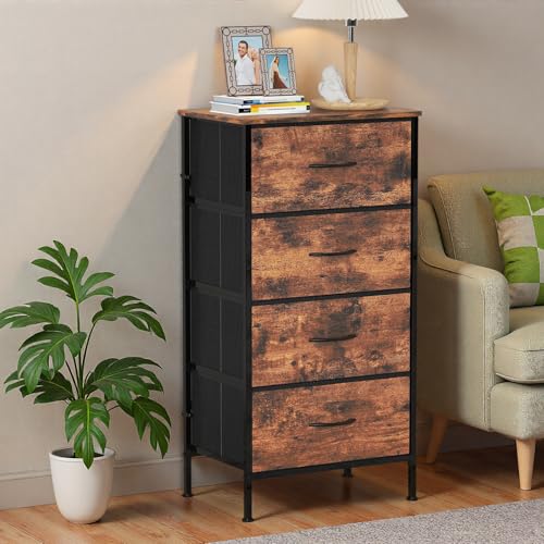 KU Syang Bedroom 4-Drawer Chest Storage Unit, MDF Top Adjustable Feet Anti-Tip Design for Bedroom Living Room, Size 45x30x91cm (17.7x11.8x35.8in), Rustic Brown