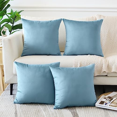 OTOSTAR Set of 4 Decorative Throw Pillow Covers Soft Velvet Solid Square Pillow Cases Luxury Cushion Covers Case for Sofa Car Patio Bedroom Living Room 20x20 Inch, Light Blue