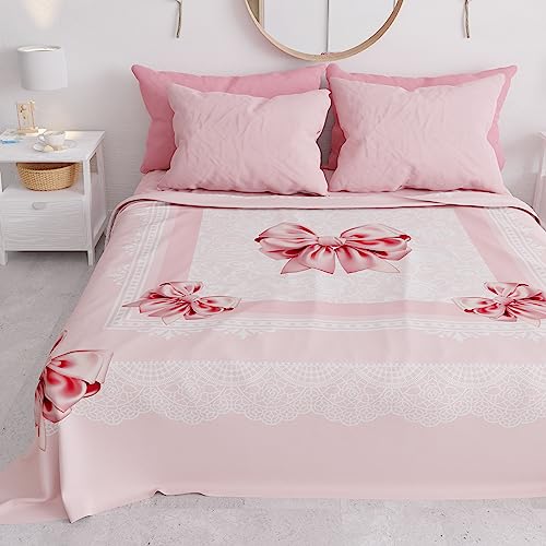 PETTI Artigiani Italiani - Microfibre Sofa Cover 220 x 270 cm, Pink Bow Pattern - Multipurpose for Sofas, Bedspreads and Table Covers - Washable Protective Cover