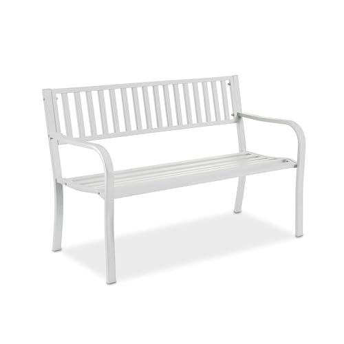 Relaxdays 2-Seater Garden Bench, HxWxD: 82 x 127.5 x 59.5 cm, Steel, for Garden, Terrace, Balcony, Park, White