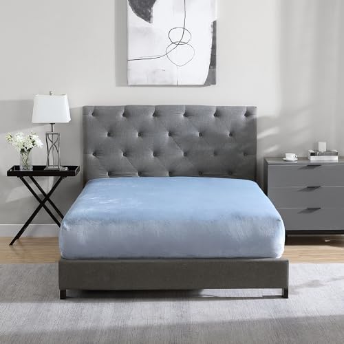 "Cathay Home Full Flannel-Plush Fur Fitted Sheet - Ultra Soft & Thick Plush Fur - All Season Cozy Warmth - 12"" Deep Pocket Fitted Sheet Only (Full, Blue Fog)"