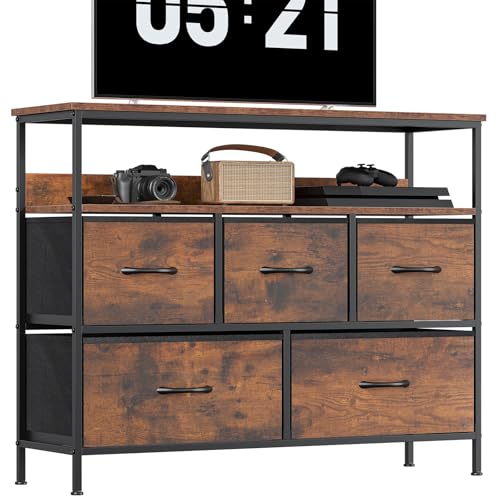 KU Syang 5-Drawer Chest of Drawers with TV Stand - Heavy-Duty Steel Frame & Scratch-Resistant MDF Top - Multi-Functional Storage Unit with Fabric Drawers for Bedroom & Living Room Hallway Rustic Brown
