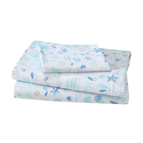 "Beatrice Home Fashions Coastal Print Microfiber Sheet Set, Soft, Comfy, 12"" Deep Pockets, Twin, Hampton Blue"