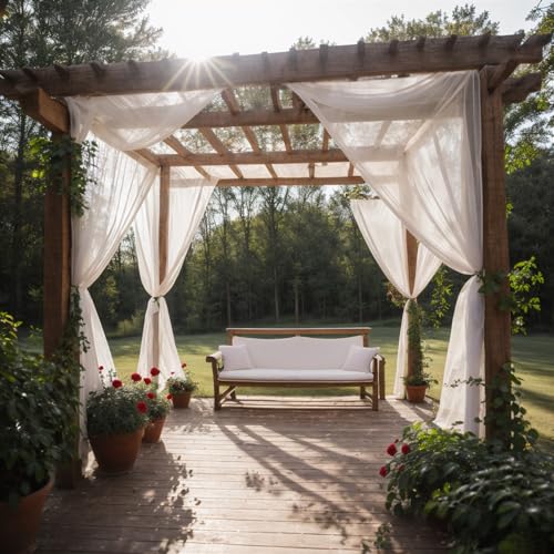 SK Studio White Outdoor Sheer Curtains for Patio Waterproof 2 Panels Sheer Curtains Privacy Mesh Net Outside Curtains Rod Pocket for Gazebo, Porch, Pergola, 63W x 120L