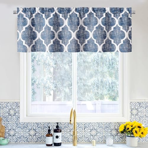 "Beauoop Kitchen Cafe Valance Moroccan Tiles Print for Windows Geometric Small Blackout Curtains Room Darkening Rod Pocket Window Treatment for Living Room Bathroom,Blue, 50"" W x 18"" L, 1 Panel"