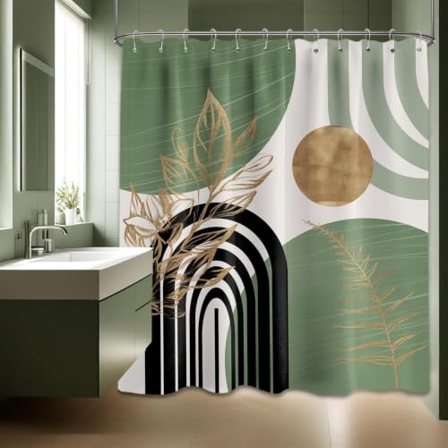 QGHOT Sage Green and Gold Shower Curtain, 72x72 in, Mid Century Modern - Light Green and Black Theme, Boho Pattern Design, Geometric MCM Bathroom Decor, Waterproof Polyester Fabric, with Hooks