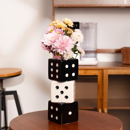 MOUGIGI Unique Handmade Dice Vase - Stylish Black & White Ceramic Decor for Home, Bar - Geometric Design Perfect for Fresh, Dried, or Artificial Flowers - Eye-Catching Centerpiece & Decorative Accent