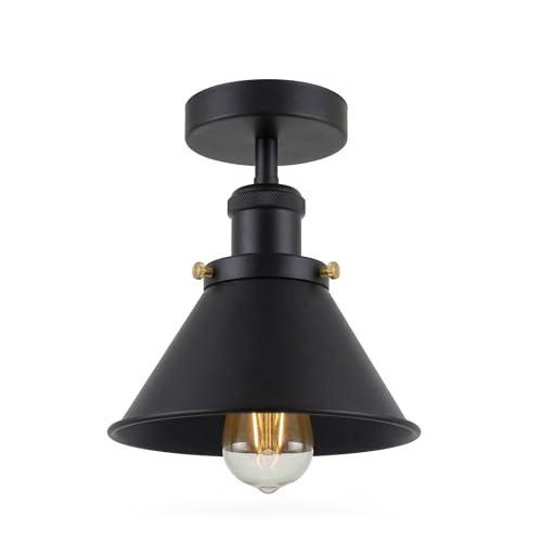 LEDSone Vintage Ceiling Lights for Living Room Black Metal Industrial Ceiling Light Fixture E27 Flush Mount 18cm Vintage Conical Shade for Kitchen Dining Bedroom