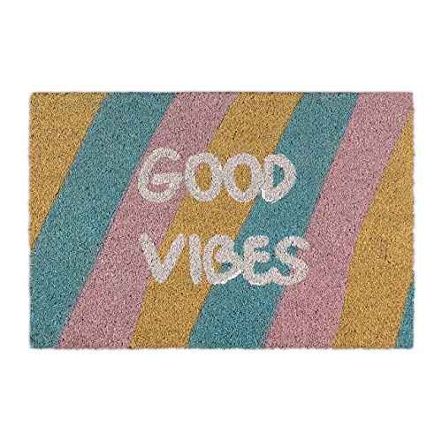 Relaxdays Doormat Coir, Door Mat “Good Vibes”, Colourful Stripes, Non-slip, Inside & Outside Use, 40x60 cm, Colourful