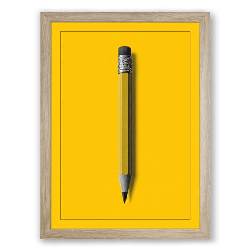Pencil on Yellow Minimalist Framed Wall Art Print A2 (59.4×42cm) Oak, Wall Decor for Living Room, Bedroom, Office & Home, Ready to Hang, Art Gift