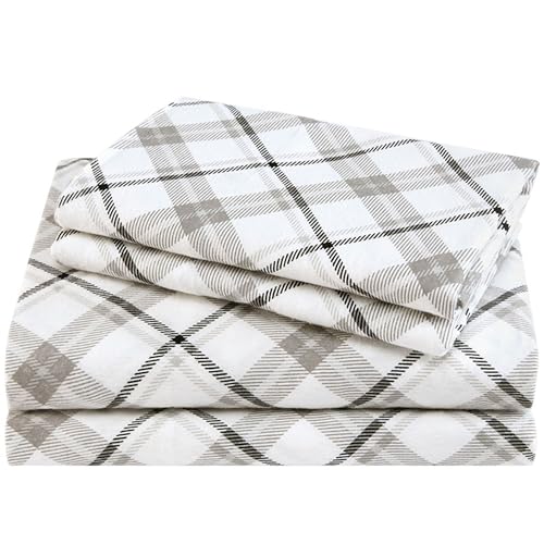 Comfort Spaces Cotton Flannel Breathable Warm Deep Pocket Sheets with Pillow Case Bedding, Queen, Grey Plaid 4 Piece