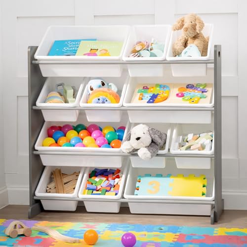 LIVIVO 4 Tier Kids Toy Storage Unit - Children Storage for Books and Toy Organiser Unit with 12 Drawers Tubs - Kids Storage Units for Bedroom Nursery, Playroom, Kindergarten - Grey/White