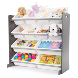 LIVIVO 4 Tier Kids Toy Storage Unit - Children Storage for Books and Toy Organiser Unit with 12 Drawers Tubs - Kids Storage Units for Bedroom Nursery, Playroom, Kindergarten - Grey/White