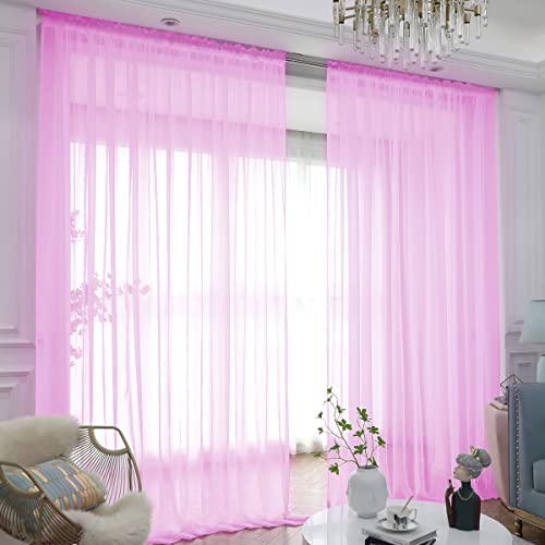 "L&TEC Window Pink Sheer Curtains 95 Inches Long 2 Panels Sheer Curtain Basic Rod Pocket Panel for Bedroom Children Living Room Yard Kitchen (Pink, 52"" W x 95"" L - 2 pcs)"