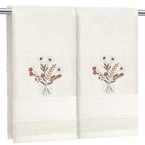 SmoothNovelty - 2 Pack Boho Flower Hand Towels Wildflower Decor 35.6 x 73.7 cm Embroidered 100% Cotton Soft Absorbent for Spring Summer Bathroom Decor and