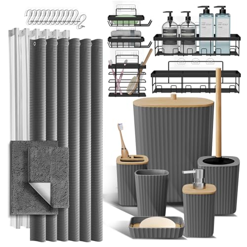 Shower Caddy and Bathroom Accessories Set with Bath Rugs, 27PC Bathroom Accessory Set with Shower Caddies Grey Bath Rugs, Shower Curtain Set, Toilet Brush, Trash Can, Soap Dispenser, Toothbrush holder