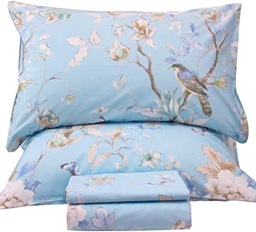 QSH 100% Egyptian Cotton Sheets Full Size Set, Blue Bird Plant Pattern Botanical Luxury Cotton Printed Bedding Floral Full Bed Sheets Extra Soft and Breathable 4pcs Deep Pockets Sheets