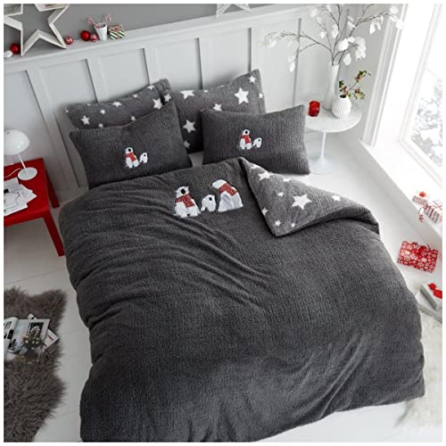 GC GAVENO CAVAILIA Fluffy Fur Fleece Teddy Embroidery Duvet Cover, Soft Snuggle Thermal Quilt Reversible Bedding Set, Single, EMB Bear-Grey