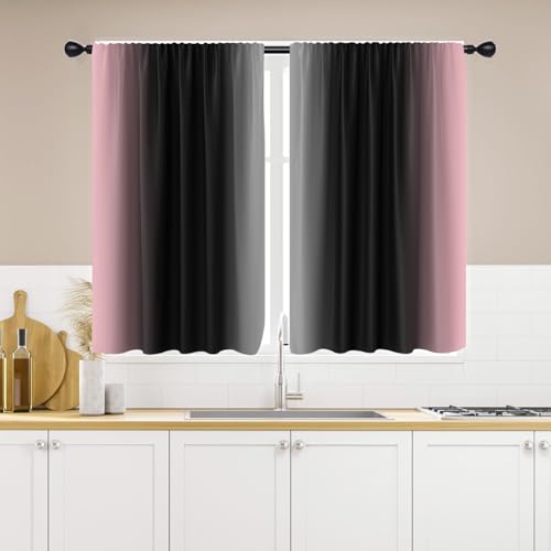 "EGLGCC Black Pink Kitchen Curtains, Ombre, 27.5"" W x 39"" L, Rod Pocket - 2 Panels, Cute Princess Bedroom, Pretty Aesthetic, Dark Moody Gothic Halloween Ornament, Small Short Window Valance Drapes"