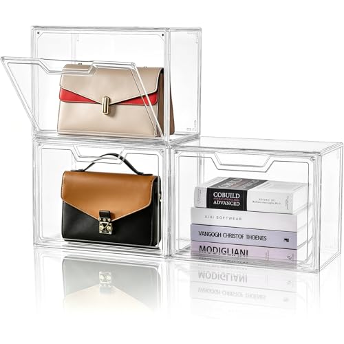 Purse Organizer for Closet,Clear Acrylic Display Case for Handbag Organizer, Purse Storage Box with Magnetic Door, Storage Bins for Book, Collectibles 3 Pack