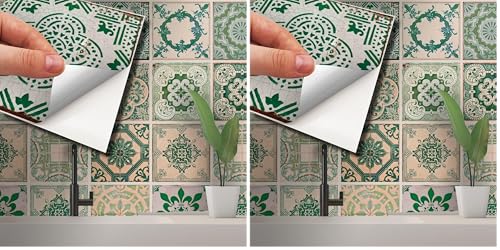 "WALPLUS WT1585 15cm(6"""") 24 pcs Vintage Green Antique Azulejo Wall Tile Stickers Peel and Stick Backsplash (Pack of 2)"