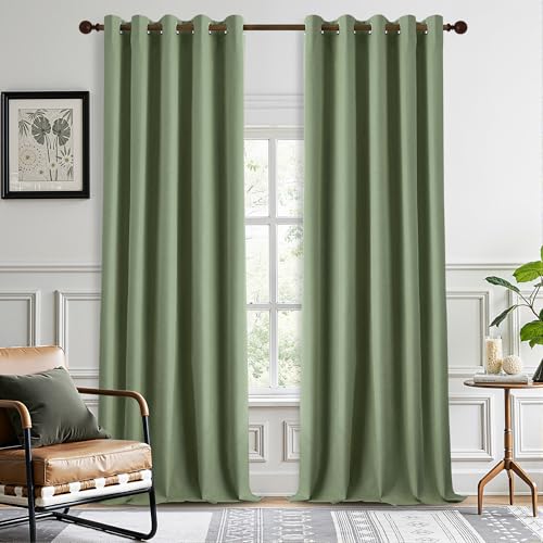 DONREN Total Blackout Linen Curtains 108 Inch Length for Bedroom Living Room, Farmhouse 100% Black Out Thermal Insulated Privacy Lightweight Grommet Curtain Panels, Sage Green, W66 x L108, 2 Panels