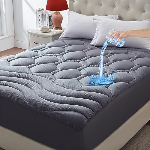 ELVEN HOME Grey Waterproof Mattress Pad King Size, Padded Mattress Cover Waterproof Bed Protector, Quilted Plush Cooling Mattress Topper with Wrap Around Fitted Deep Pocket 8-21 inch