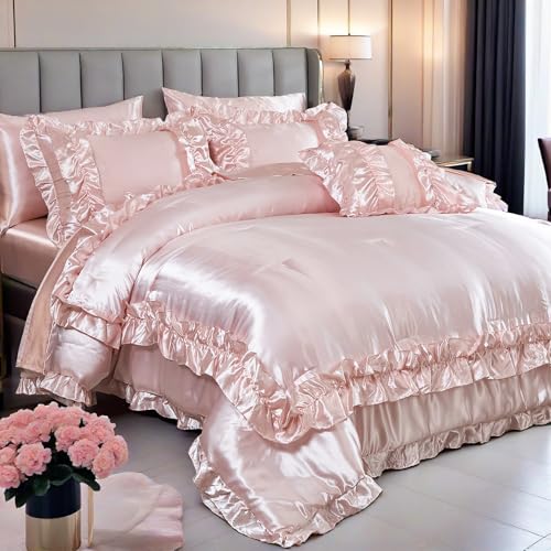 MOVE OVER Silk Like Satin Comforter Set 8 Pieces Silky Bed in a Bag King Size Girls Light Pink Ruffle Comforter Set with Sheet Set Luxury Silk Like Pink Bedroom Comforter Sets for Girls and Women