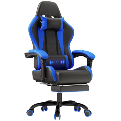 JUMMICO Ergonomic Gaming Chair, Retractable Footrest, Massaging Lumbar Support, Reclining Connected Armrests, 90-135° Backrest, Capacity 150 kg, Blue