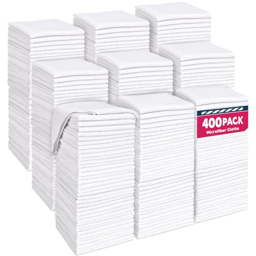 TEAWOO Microfiber Cleaning Cloths-400 Pack, Microfiber Towels Bulk, Microfiber Towels for Cars, Cleaning Rags White (12x12 inches)