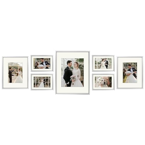 Golden State Art, Picture Frame Set 7 Pack, Gallery Wall Frame with One 11x14, Two 8x10, and Four 5x7. Aluminum Photos Frame for Wall or Tabletop Display (Style 1, Silver, 7 Pack)