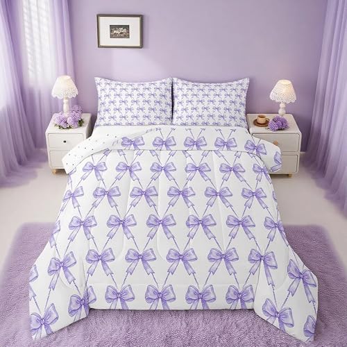 Feelyou Purple Bow Comforter Set Twin Size Cute Bowknot Bedding Set Boys Girls Kawaii Comforter for Kids Women Men Bow and Stripes Duvet Set 3Pcs