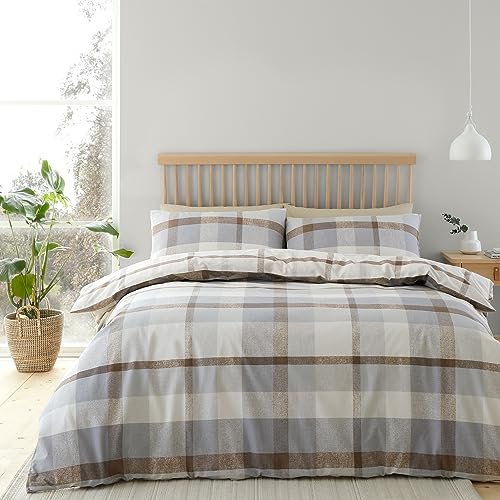 Catherine Lansfield Brushed Cotton Check Reversible Single Duvet Cover Set with Pillowcase Natural