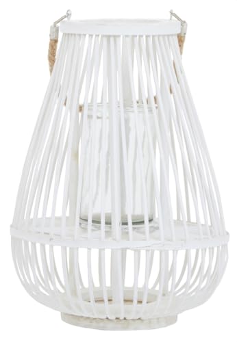 Premier Housewares Small White Bamboo Lantern Christmas Lanterns Boho Handwoven Rattan Lantern With Glass Candle Holder lantern, Natural Rope Handle, 28x38x28cm