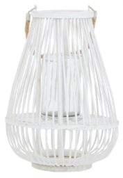 Premier Housewares Small White Bamboo Lantern Christmas Lanterns Boho Handwoven Rattan Lantern With Glass Candle Holder lantern, Natural Rope Handle, 28x38x28cm