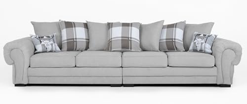 Verona 4 Seater Sofa Light Grey Velour Fabric Chesterfield Style Scatter Cushions