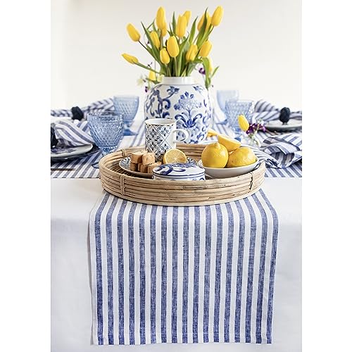 Solino Home Linen Table Runner 144 Inches Long - Amalfi Stripe, 100% Pure Linen Navy and White Table Runner 14 x 144 Inch for Dining, Winter, Spring, Easter, Mothers Day