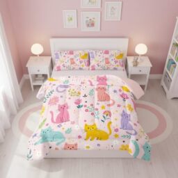 QOOMO Floral Cat Comforter Queen Size,Pink Cat Bedding Set for Kids Teens Girls,3Pcs Bedding Set Printed Comforter with 2 Pillowcases,Down Alternative,Soft and Lightweight(Pink???Queen Size)
