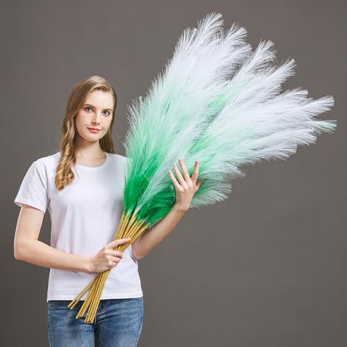 "7 Pcs 45"" Faux Pampas Grass ??? Fluffy Artificial Pompous Grass for Tall Floor Vase, Non-Shedding Home Decor, Boho Wedding Flowers, Baby Shower Centerpieces, Bedroom & Living Room Decor (Green Gradient)"